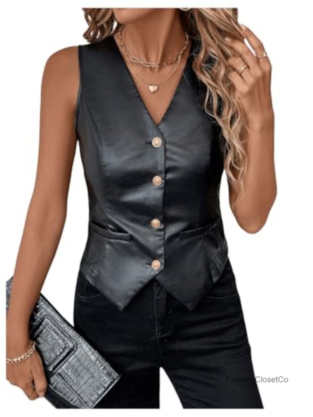 PU Leather Button Down V Neck Sleeveless Vest Waistcoat